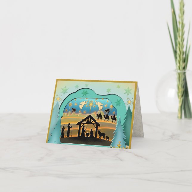 Cartão De Festividades Menino Jesus nascido na manjedoura na cena de Nata (Frente)