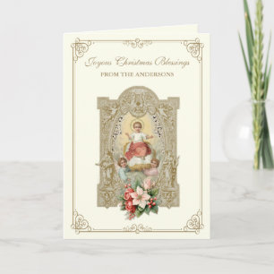 Cartão De Festividades Menino Jesus no Natal Católico com Floral de Poins