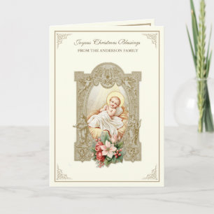 Cartão De Festividades Menino Jesus no Natal Poinsettias Escritura