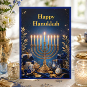 Cartão De Festividades Menorá Azul e Dourado Elegante Hanukkah