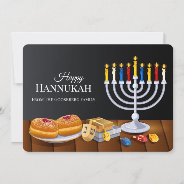 Cartão De Festividades Menorá Clássica Feliz Hanukkah Sufganiyot Pião (Frente)