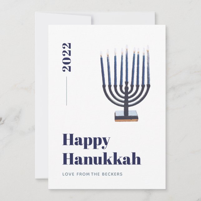 Cartão De Festividades Menorá de Aquarela Minimalista Azul Vela Hanukkah (Frente)