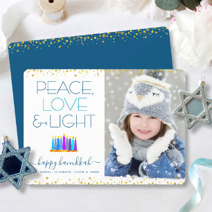 Cartão De Festividades Menorá de Foto do Hanukkah Paz Amor Luz Moderno