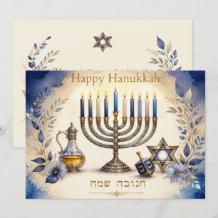 Cartão De Festividades Menorá de Hanukkah Azul e Dourada Personalizada