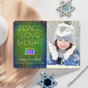 Cartão De Festividades Menorá de Hanukkah Verde Foto Paz Amor Luz Tipo