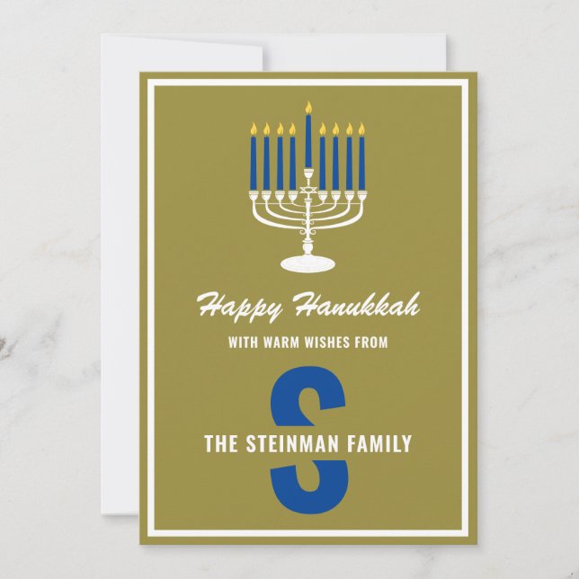 Cartão De Festividades Menorah Candle Monographic Nome da Família Feliz H (Frente)