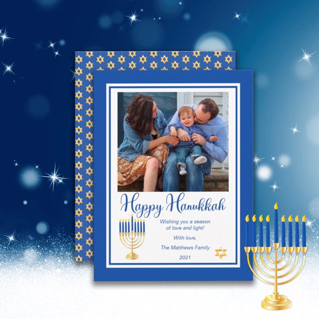Cartão De Festividades Menorah com Luzes Feliz Foto da Família Hanukkah (Criador carregado)