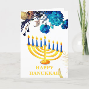 Cartão De Festividades Menorah Dourada e azul moderno Feliz Chanucá H