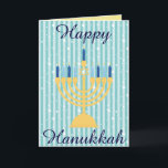 Cartão De Festividades Menorah Dourado Hanukkah feliz<br><div class="desc">Honre o festival de luzes com este cartão feliz do menorah do ouro de Hanukkah.  O fundo é um teste padrão listrado vertical azul.  Dentro de é uma bênção serida para a ocasião.  Compra seu hoje!

Cortesia dos trabalhos de arte do design de Sonya DeHart em: 
http://www.sonyadehartdesign.com | http://www.sonyadehartdesign.etsy.com</div>