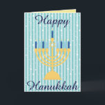 Cartão De Festividades Menorah Dourado Hanukkah feliz<br><div class="desc">Honre o festival de luzes com este cartão feliz do menorah do ouro de Hanukkah.  O fundo é um teste padrão listrado vertical azul.  Dentro de é uma bênção serida para a ocasião.  Compra seu hoje!

Cortesia dos trabalhos de arte do design de Sonya DeHart em: 
http://www.sonyadehartdesign.com | http://www.sonyadehartdesign.etsy.com</div>