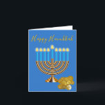 Cartão De Festividades Menorah Hanukkah<br><div class="desc">Cartão Elegante de saudação Chanucá feito a azul,  com gráficos de um Menorah dourado iluminado com velas azuis e uma pilha de moedas geladas. Personalize o dentro de saudação para ler o que você quer.</div>
