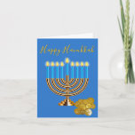 Cartão De Festividades Menorah Hanukkah<br><div class="desc">Cartão Elegante de saudação Chanucá feito a azul,  com gráficos de um Menorah dourado iluminado com velas azuis e uma pilha de moedas geladas. Personalize o dentro de saudação para ler o que você quer.</div>