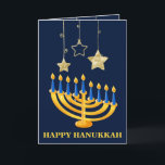 Cartão De Festividades Menorah Happy Hanukkah<br><div class="desc">A placa de Natal Menorah Happy Hanukkah apresenta estrelas douradas e velas Hanukkah.O dentro da placa tem uma mensagem pessoal modelo.Clique no botão personalizar para personalizá-la com seu próprio texto.</div>