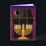 Cartão De Festividades Menorah na janela<br><div class="desc">Menorah refletiu na janela,  com a lua em declínio no céu noturno,  e Hanukkah abençoando dentro</div>
