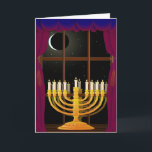 Cartão De Festividades Menorah na janela<br><div class="desc">Menorah refletiu na janela,  com a lua em declínio no céu noturno,  e Hanukkah abençoando dentro</div>