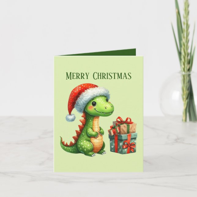 Cartão De Festividades Mensagem de adição de dinossauro Feliz de Natal (Frente)