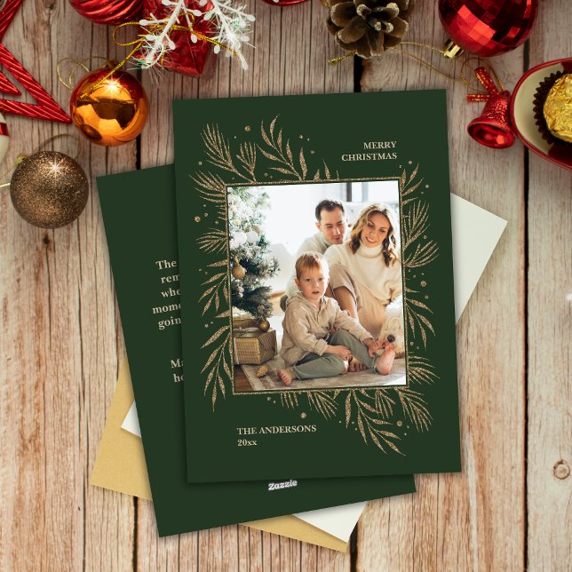 Cartão De Festividades Mensagem de Foto Personalizada de Natal Verde Eleg (Criador carregado)