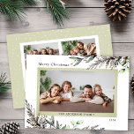 Cartão De Festividades Mensagem de fotos do inverno Greenery 3<br><div class="desc">Este elegante cartão fotográfico de Natal oferece espaço para 3 fotos e é acentuado com a cor aquosa de cor verde de inverno. A saudação diz "Feliz Natal". O texto personalizado,  no verso,  permite adicionar uma mensagem pessoal.</div>