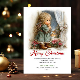Cartão De Festividades Mensagem de Natal Cena de Férias Menina Pequena e