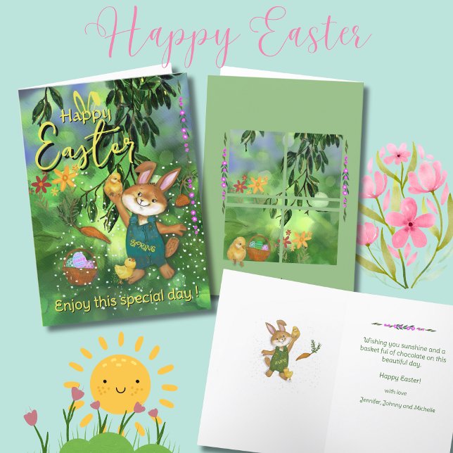 Cartão De Festividades Mensagem Personalizada de Frango Coelho da Páscoa  ( Watercolor Easter Bunny Chicken Custom Message Holiday Card)