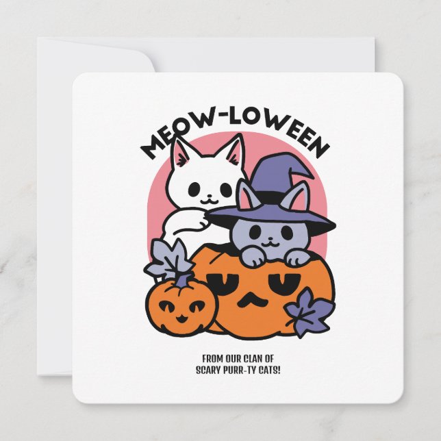 Cartão De Festividades Meow-Loween - Design Fofinho de Gato de Halloween (Frente)