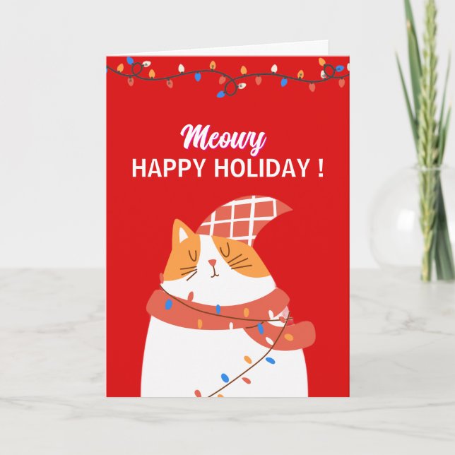 Cartão De Festividades Meowy and Funny Black Cat Christmas Holiday Card (Frente)