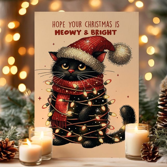 Cartão De Festividades Meowy & Bright Cat Tangled Luzes Engraçado Natal (Criador carregado)