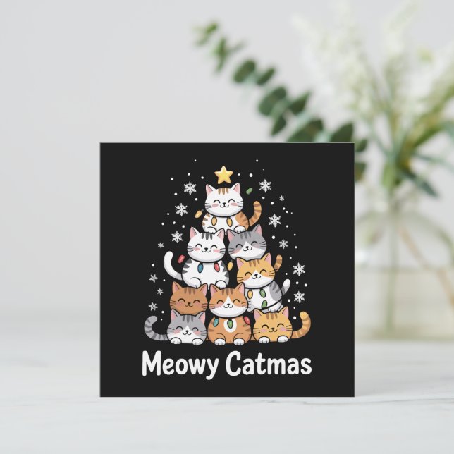 Cartão De Festividades Meowy Catmas Papais noeis de Natal de Árvore de Na (Em pé/Frente)