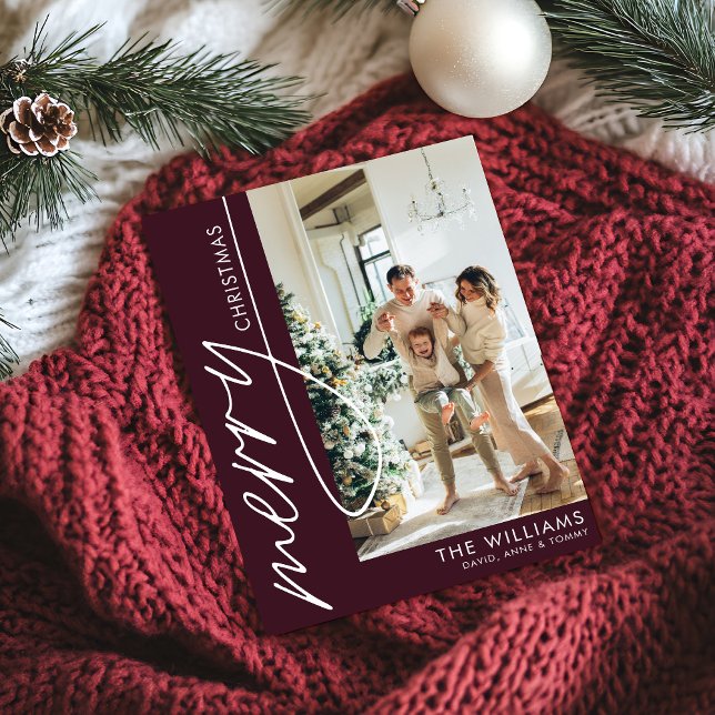 Cartão De Festividades Merlot Red Modern Photo Christmas (Criador carregado)