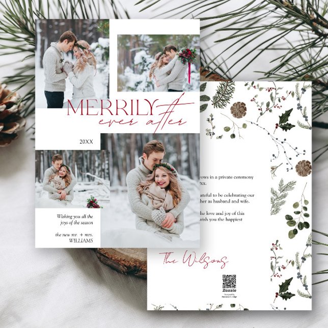 Cartão De Festividades Merrily Eternamente Depois Da Foto De Casamento De (Easily add your photos and deets to personalize this beautiful holiday wedding announcement)