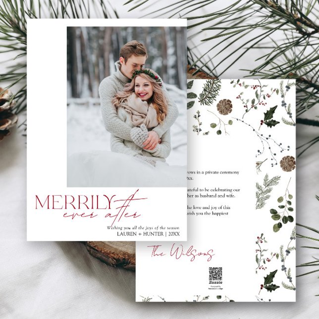 Cartão De Festividades Merrily Ever Após Foto De Casamento (Easily add your photos and deets to personalize this beautiful holiday wedding announcement)