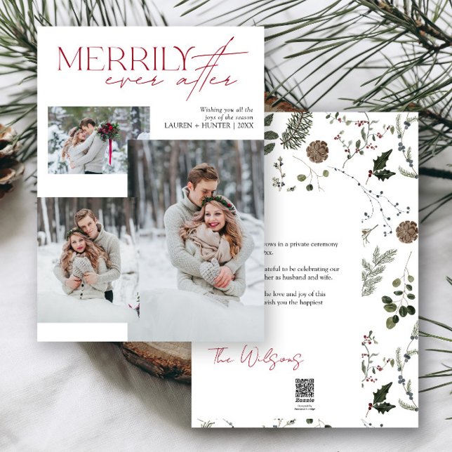 Cartão De Festividades Merrivelmente Após 3 Foto Recém-Feitas (Easily add your photos and deets to personalize this beautiful holiday wedding announcement)