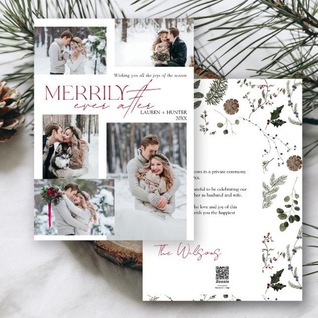 Cartão De Festividades Merrivelmente Após 5 Foto Recentemente (Easily add your photos and deets to personalize this beautiful holiday wedding announcement)