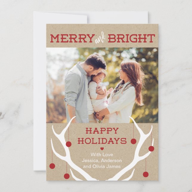 Cartão De Festividades Merry and Bright Antler Christmas Card (Frente)
