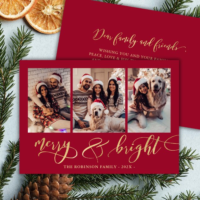 Cartão De Festividades Merry and Bright Gold Script 3 Photo Red Christmas (Criador carregado)