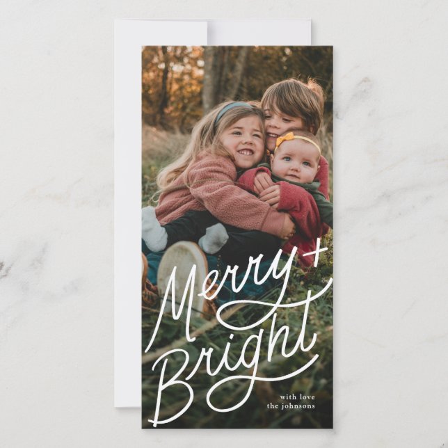 Cartão De Festividades Merry and Bright Hand Lettering Tall Photo (Frente)