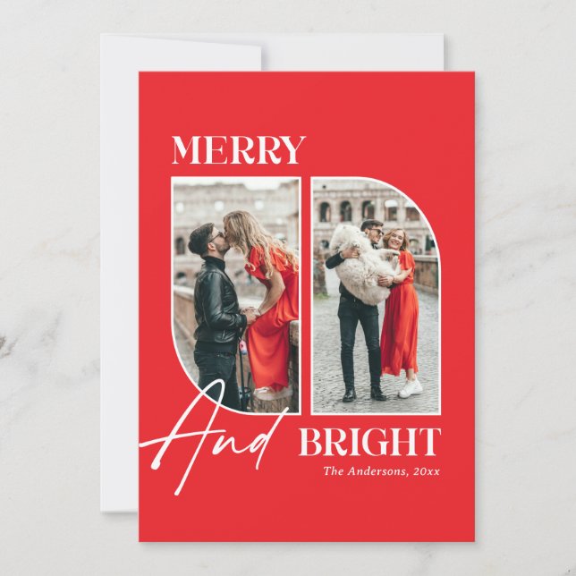 Cartão De Festividades Merry and Bright | Modern Red Christmas Photo (Frente)