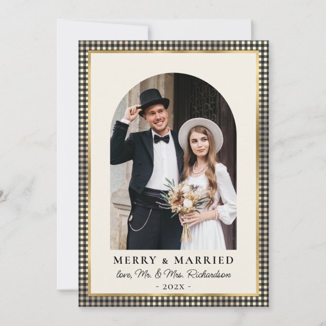 Cartão De Festividades Merry and Married Arch Photo Black Gold Plaid  (Frente)