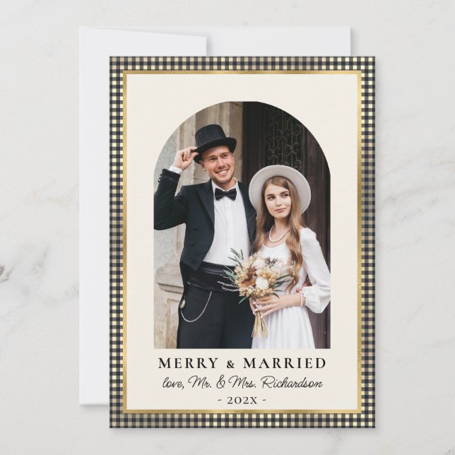 Cartão De Festividades Merry and Married Arch Photo Black Gold Plaid  (Frente)