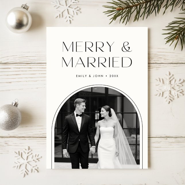 Cartão De Festividades Merry And Married Black And White Photo Christmas (Criador carregado)