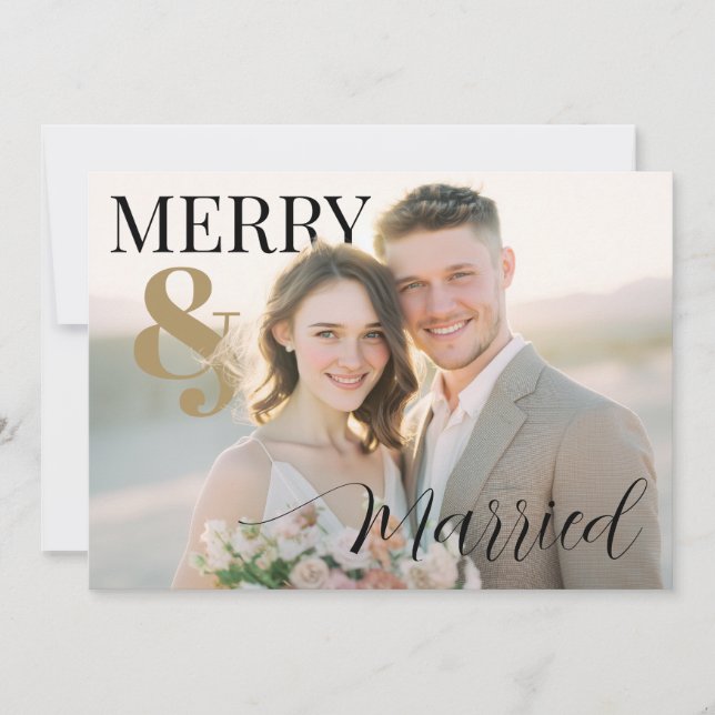 Cartão De Festividades Merry and Married Modern Photo Holiday Card (Frente)