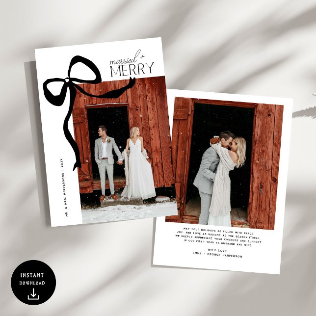 Cartão De Festividades Merry and Married Script Photo Christmas Bow (Criador carregado)