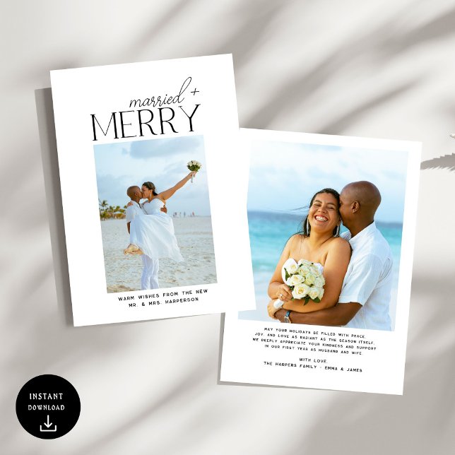 Cartão De Festividades Merry and Married Script Photo Christmas Newlyweds (Criador carregado)
