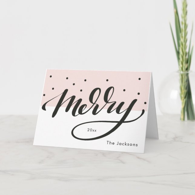 Cartão De Festividades Merry Blush and Black Polka dots Script lettering (Frente)