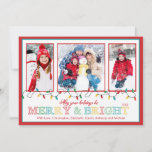 Cartão De Festividades Merry & Bright Christmas Lights 3 Photo Greeting<br><div class="desc">Popular and trendy christmas holiday photo greeting card for three family photos featuring a string of christmas lights with the saying "May your holidays be merry & bright set on a whit background with a red and turquoise blue border. The back of our unique photo christmas card features a red...</div>