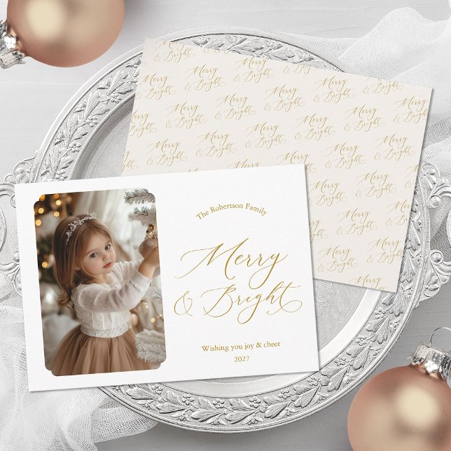 Cartão De Festividades Merry & Bright Elegant Gold Script Christmas Photo (Criador carregado)