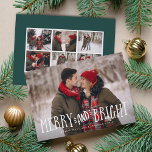 Cartão De Festividades Merry & Bright Holiday Photo Card w/ Collage Back<br><div class="desc">Festive holiday photo card features your favorite horizontal or landscape oriented photo in full bleed, with "merry and bright" overlaid in whimsical white handwritten lettering. Personalize the front of the card with your names and the year, and add six additional photos to the back in a collage layout on a...</div>