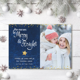 Cartão De Festividades Merry Bright Script Foto Azul Estrela Brilho Doura