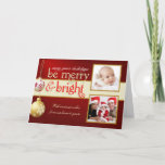 Cartão De Festividades Merry & Bright Two-Photo Holiday Greeting Card<br><div class="desc">Elegant snowflake Christmas ornaments on antique vintage red background with sparkly gold and ivory accents and 2 framed picture inserts. Add your favorite holiday family photos and customize the text. Perfect for baby's 1st Christmas and family memory keepsakes. Contemporary and modern way to send happy winter holiday greetings to all...</div>