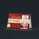 Cartão De Festividades Merry & Bright Two-Photo Holiday Greeting Card<br><div class="desc">Elegant snowflake Christmas ornaments on antique vintage red background with sparkly gold and ivory accents and 2 framed picture inserts. Add your favorite holiday family photos and customize the text. Perfect for baby's 1st Christmas and family memory keepsakes. Contemporary and modern way to send happy winter holiday greetings to all...</div>